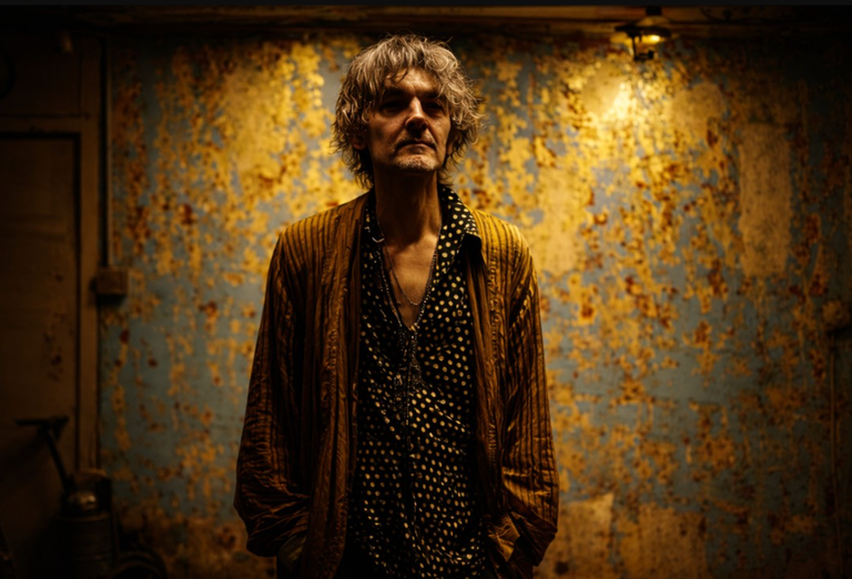 Australian musician Pinky Beecroft with messy grey hair wearing a polka-dot shirt, standing against a rustic, weathered wall.